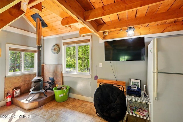 23069 Christiansen Lake Rd, Talkeetna, AK 99676 - interior space featuring a wood stove and wood ceiling