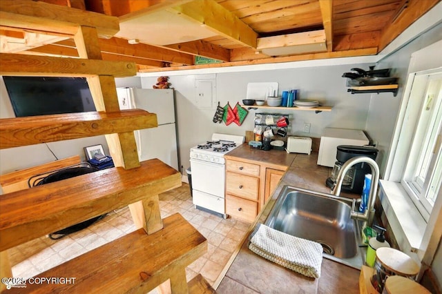 23069 Christiansen Lake Rd, Talkeetna, AK 99676 - kitchen with white appliances, open shelves, wooden ceiling, and light floors