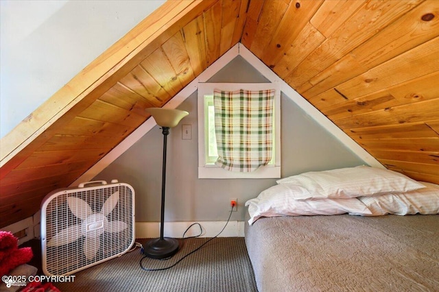 23069 Christiansen Lake Rd, Talkeetna, AK 99676 - bedroom with wood ceiling, carpet floors, and vaulted ceiling