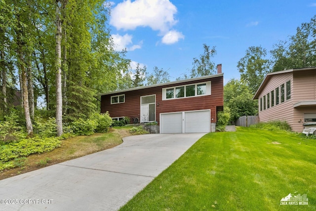 3750 Winterset Dr, Anchorage, AK 99508 - bi-level home with a chimney, an attached garage, driveway, and a front lawn