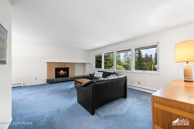 3750 Winterset Dr, Anchorage, AK 99508 - living area featuring a baseboard heating unit, carpet floors, a brick fireplace, and a textured ceiling