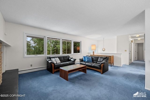 3750 Winterset Dr, Anchorage, AK 99508 - carpeted living area with a baseboard radiator, healthy amount of natural light, a textured ceiling, and a fireplace