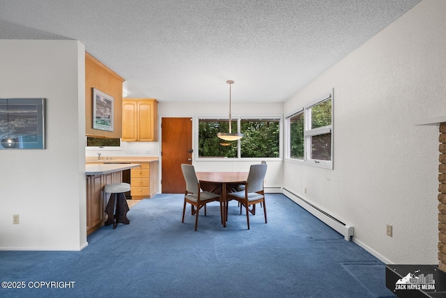 3750 Winterset Dr, Anchorage, AK 99508 - dining room featuring baseboard heating, carpet, and a textured ceiling