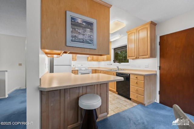 3750 Winterset Dr, Anchorage, AK 99508 - kitchen featuring white appliances, light brown cabinetry, light countertops, a breakfast bar area, and a peninsula