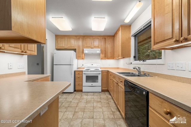 3750 Winterset Dr, Anchorage, AK 99508 - kitchen featuring white appliances, under cabinet range hood, light stone finish floors, and light countertops