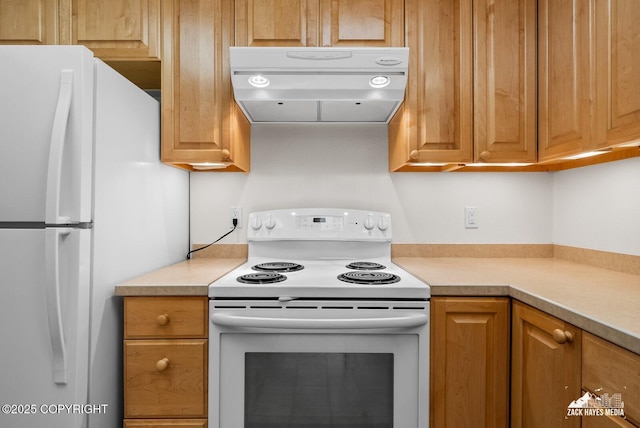 3750 Winterset Dr, Anchorage, AK 99508 - kitchen featuring white appliances, exhaust hood, and light countertops