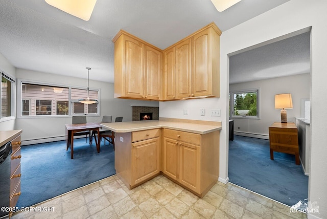3750 Winterset Dr, Anchorage, AK 99508 - kitchen featuring light brown cabinets, light colored carpet, baseboard heating, light countertops, and a brick fireplace