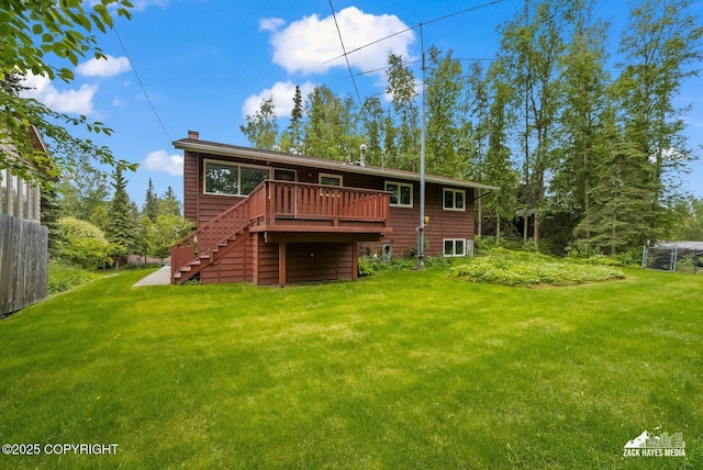 3750 Winterset Dr, Anchorage, AK 99508 - back of house with stairs, a wooden deck, and a chimney