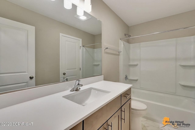 20290 Eagles Nest Ct, Eagle River, AK 99577 - bathroom with vanity, marble finish flooring, bathing tub / shower combination, and toilet
