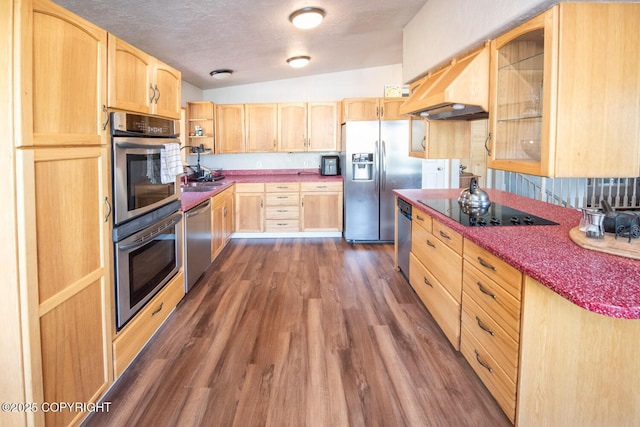 4530 Macalister Dr, Anchorage, AK 99502 - kitchen with light brown cabinets, appliances with stainless steel finishes, dark wood-style floors, custom exhaust hood, and a textured ceiling