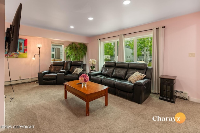 799 8th Ave, Fairbanks, AK 99701 - living room featuring carpet floors, baseboard heating, a baseboard heating unit, recessed lighting, and baseboards