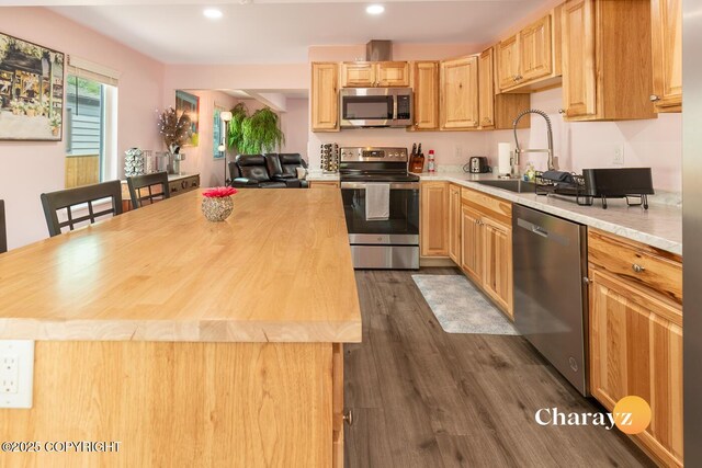 799 8th Ave, Fairbanks, AK 99701 - kitchen with appliances with stainless steel finishes, a sink, dark wood-style flooring, recessed lighting, and butcher block counters