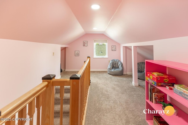 799 8th Ave, Fairbanks, AK 99701 - rec room featuring carpet floors, vaulted ceiling, and baseboards