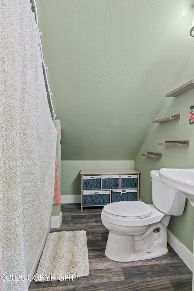 41167 Witman Ct, Soldotna, AK 99669 - bathroom featuring toilet, baseboards, wood finished floors, vaulted ceiling, and curtained shower