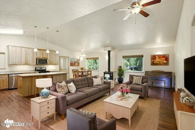 3963 N Coronado St, Wasilla, AK 99623 - living area with a wood stove, vaulted ceiling, dark wood-type flooring, a ceiling fan, and a textured ceiling