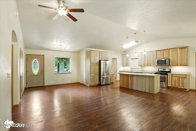 3963 N Coronado St, Wasilla, AK 99623 - kitchen with stainless steel appliances, lofted ceiling, a ceiling fan, dark wood finished floors, and light countertops