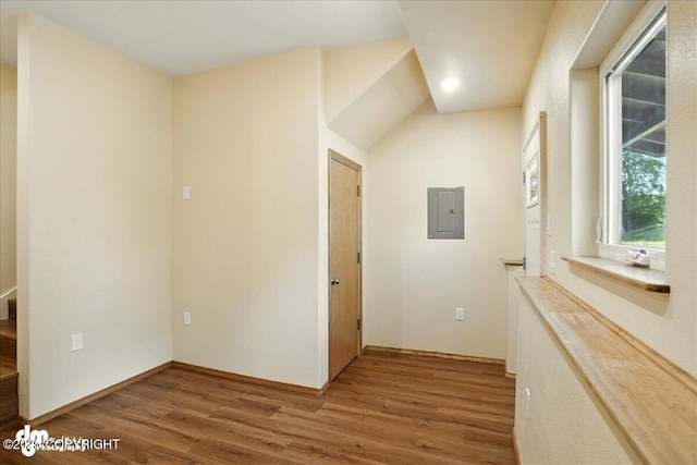 3963 N Coronado St, Wasilla, AK 99623 - hallway featuring electric panel, wood finished floors, and recessed lighting