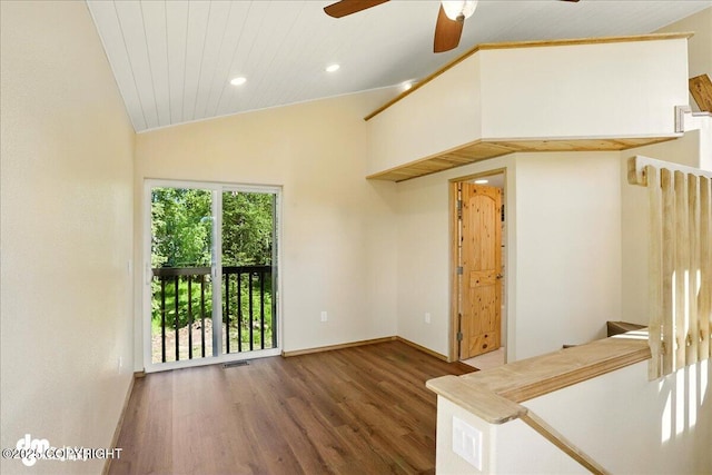 3963 N Coronado St, Wasilla, AK 99623 - empty room with wood finished floors, a ceiling fan, vaulted ceiling, recessed lighting, and wood ceiling