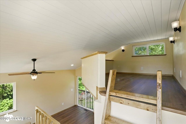 3963 N Coronado St, Wasilla, AK 99623 - stairway featuring vaulted ceiling, wood finished floors, ceiling fan, and wood ceiling