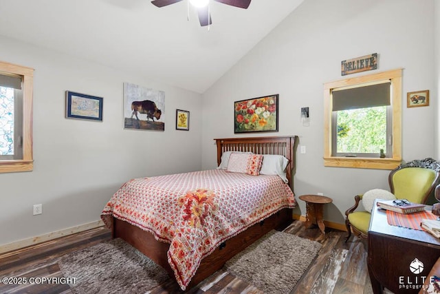 6961 S Hangar Talk Cir, Wasilla, AK 99623 - bedroom featuring wood finished floors, ceiling fan, and high vaulted ceiling