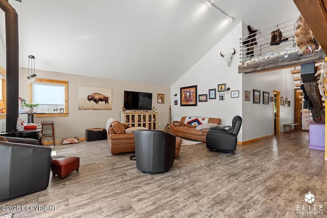 6961 S Hangar Talk Cir, Wasilla, AK 99623 - living area with high vaulted ceiling, wood finished floors, a wood stove, and track lighting