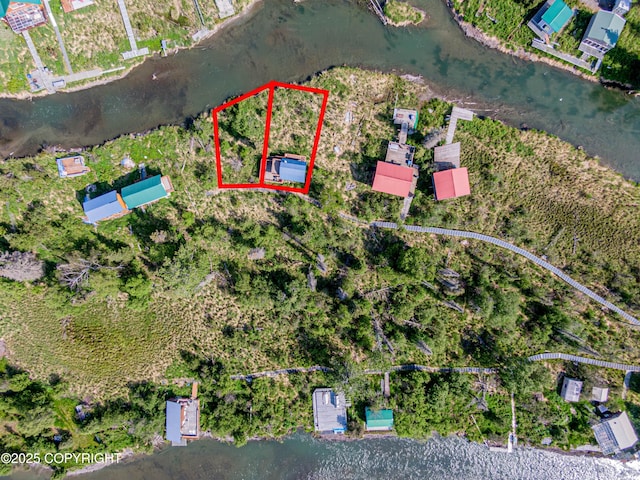 45638 Back Troll, Kenai, AK 99611 - aerial overview of property's location with property parcel outlined and a large body of water