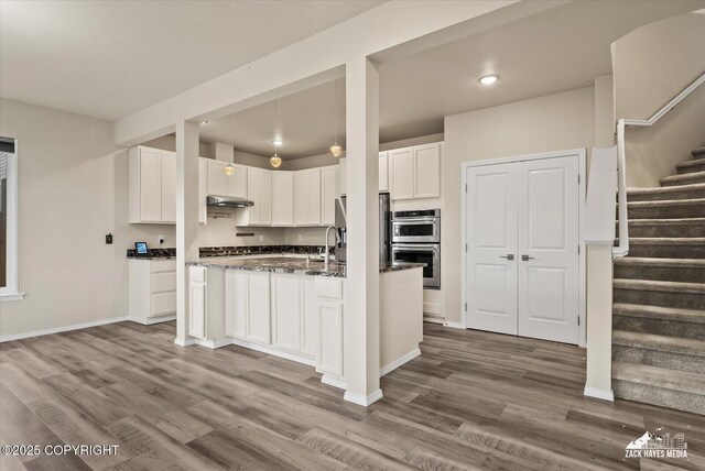 2987 Morgan Loop, Anchorage, AK 99516 - kitchen with appliances with stainless steel finishes, under cabinet range hood, wood finished floors, white cabinets, and dark stone counters