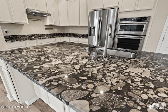2987 Morgan Loop, Anchorage, AK 99516 - kitchen with under cabinet range hood, stainless steel appliances, white cabinets, dark stone countertops, and wood finished floors