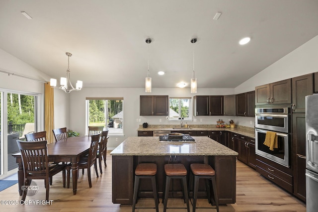 13378 Rosser Dr, Eagle River, AK 99577 - kitchen featuring vaulted ceiling, light wood finished floors, dark brown cabinets, a chandelier, and stainless steel appliances