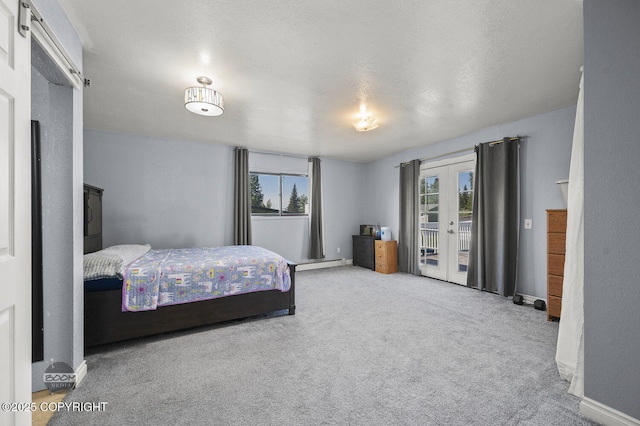 8100 E 20th Ave, Anchorage, AK 99504 - carpeted bedroom featuring access to exterior, french doors, and a baseboard radiator