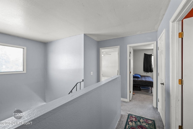 8100 E 20th Ave, Anchorage, AK 99504 - hall with a textured ceiling, carpet floors, and an upstairs landing