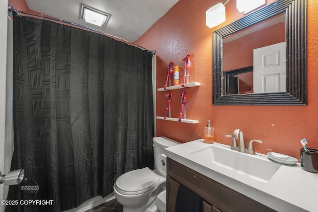 8100 E 20th Ave, Anchorage, AK 99504 - full bathroom with vanity, a textured wall, and a shower with curtain