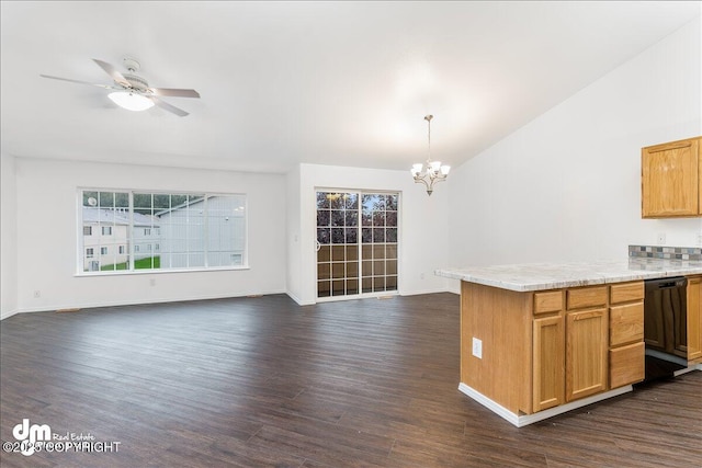 5621 Sapphire Loop Unit 18A, Anchorage, AK 99504 - kitchen featuring a chandelier, dark wood-style flooring, light countertops, baseboards, and vaulted ceiling