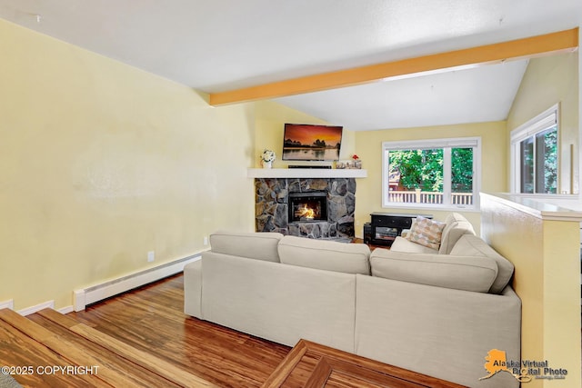 2003 Jamestown Cir, Anchorage, AK 99507 - living area with a baseboard heating unit, wood finished floors, and a fireplace
