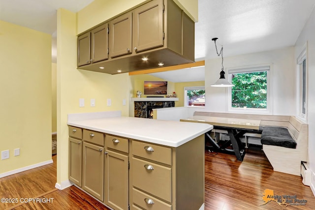 2003 Jamestown Cir, Anchorage, AK 99507 - kitchen with dark wood-style flooring, light countertops, a peninsula, and hanging light fixtures
