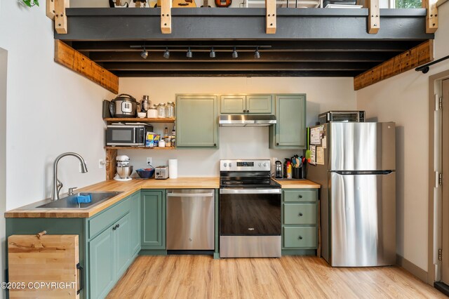 36339 Maria Rd, Homer, AK 99603 - kitchen featuring appliances with stainless steel finishes, green cabinetry, under cabinet range hood, light wood-style floors, and open shelves