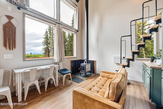 36339 Maria Rd, Homer, AK 99603 - living area featuring a wood stove, light wood-type flooring, healthy amount of natural light, and a high ceiling