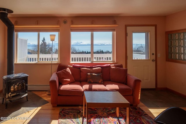 705 W Fairview Ave, Homer, AK 99603 - living room featuring a wood stove, healthy amount of natural light, baseboard heating, and baseboards