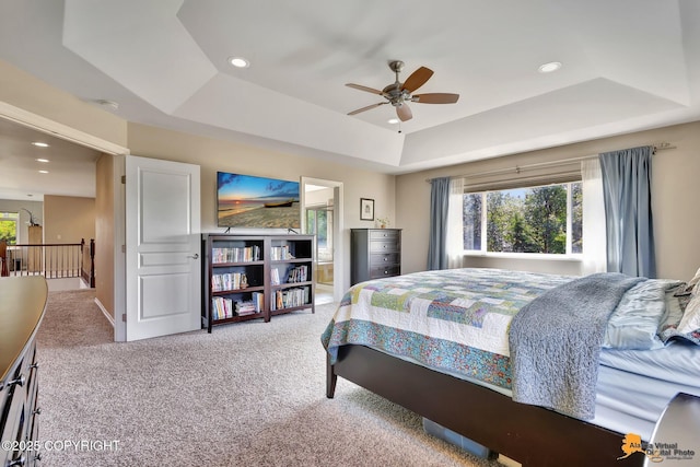 2842 Ensign Dr, Anchorage, AK 99515 - carpeted bedroom with a raised ceiling, recessed lighting, and ceiling fan