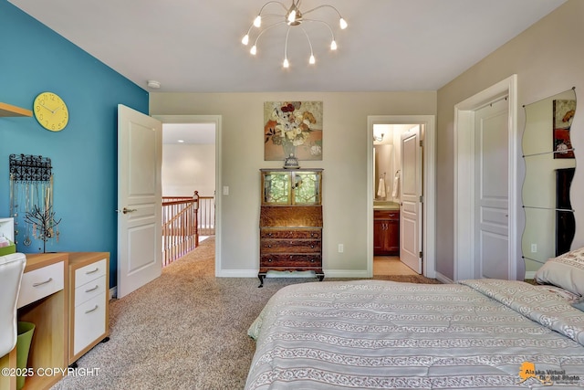 2842 Ensign Dr, Anchorage, AK 99515 - bedroom with light carpet, a chandelier, and ensuite bath