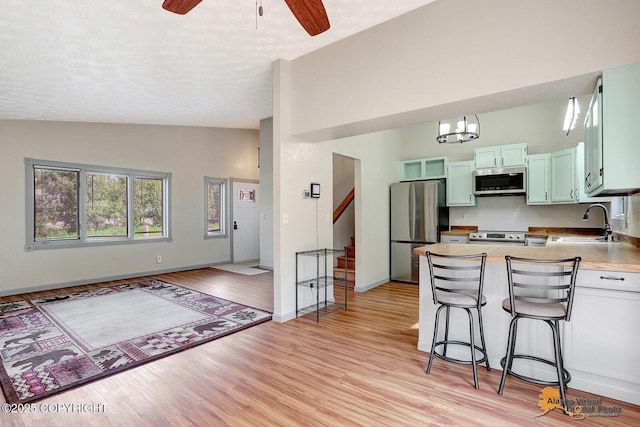 3091 N Longspur Dr, Wasilla, AK 99654 - kitchen with appliances with stainless steel finishes, light wood-style floors, a peninsula, a ceiling fan, and a textured ceiling