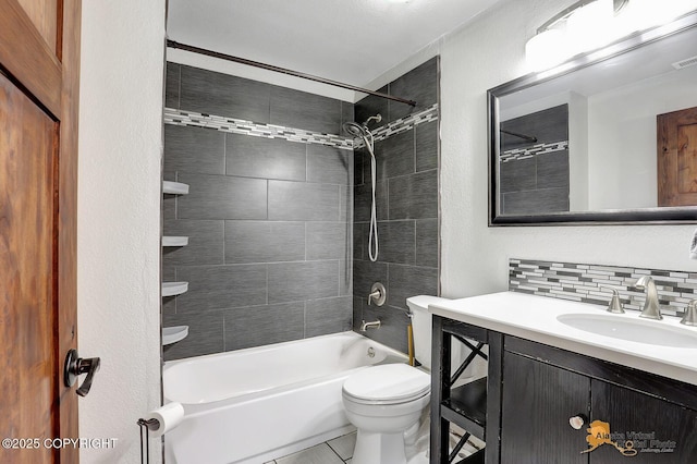 3091 N Longspur Dr, Wasilla, AK 99654 - full bath featuring decorative backsplash, vanity, bathtub / shower combination, and tile patterned floors