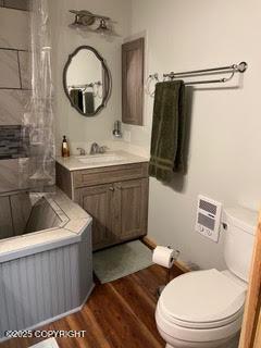 18905 Langille Rd, Cooper Landing, AK 99572 - full bathroom with vanity, wood finished floors, a bath, and a shower with curtain