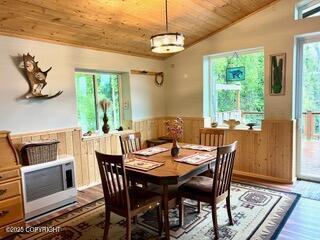 18905 Langille Rd, Cooper Landing, AK 99572 - dining room with wooden ceiling, a wainscoted wall, wood finished floors, vaulted ceiling, and wood walls
