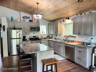 18905 Langille Rd, Cooper Landing, AK 99572 - kitchen with appliances with stainless steel finishes, wood ceiling, gray cabinetry, vaulted ceiling, and a breakfast bar area