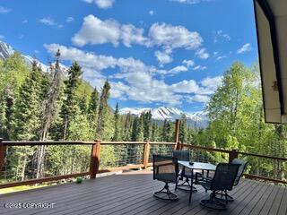 18905 Langille Rd, Cooper Landing, AK 99572 - deck with outdoor dining space and a view of trees