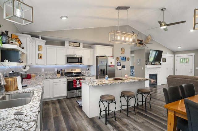 1169 W Trumpeter Swan Dr, Wasilla, AK 99623 - kitchen with appliances with stainless steel finishes, lofted ceiling, open floor plan, a sink, and a ceiling fan