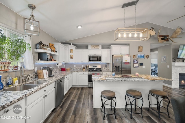 1169 W Trumpeter Swan Dr, Wasilla, AK 99623 - kitchen featuring stainless steel appliances, a sink, vaulted ceiling, dark wood-type flooring, and white cabinets
