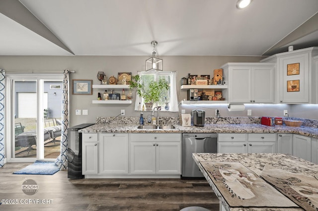 1169 W Trumpeter Swan Dr, Wasilla, AK 99623 - kitchen featuring open shelves, a sink, stainless steel dishwasher, white cabinets, and vaulted ceiling