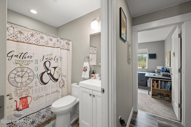 1169 W Trumpeter Swan Dr, Wasilla, AK 99623 - bathroom with vanity, toilet, wood finished floors, and a shower with shower curtain